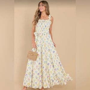 Red Dress Aura Simply Lovestruck Ivory Floral Print linen blend Maxi Dress